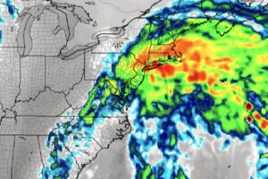 This is a simulated IR satellite view for Sunday morning based on data from the American (GFS) forecast model. It shows a coastal storm moving into New Jersey and New York. Image: tropicaltidbits.com