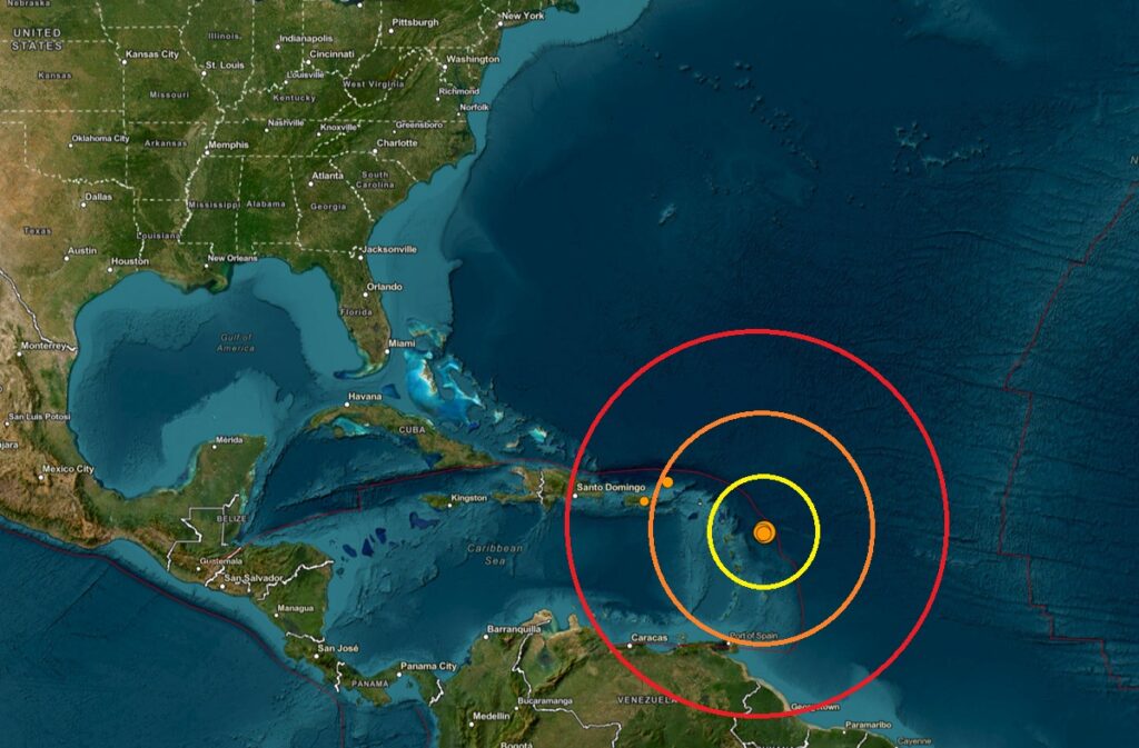 A cluster of strong earthquakes struck near the Leeward Islands in the Caribbean today; each is reflected by an orange dot inside the colored concentric circles on this map. Image: USGS