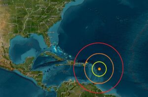 A cluster of strong earthquakes struck near the Leeward Islands in the Caribbean today; each is reflected by an orange dot inside the colored concentric circles on this map. Image: USGS