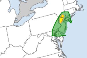 The area in green is depicted by the National Weather Service's Storm Prediction Center as an area of an increased risk of tornadoes tonight. The area in yellow is an area we believe the risk is the greatest tonight into early tomorrow morning. Image: Weatherboy