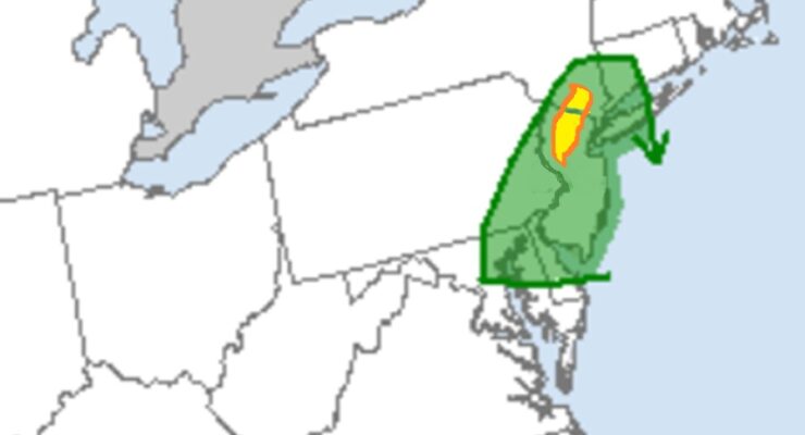 The area in green is depicted by the National Weather Service's Storm Prediction Center as an area of an increased risk of tornadoes tonight. The area in yellow is an area we believe the risk is the greatest tonight into early tomorrow morning. Image: Weatherboy