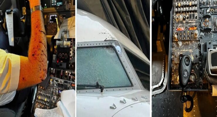 In these pictures shared by a United employee, it is clear something impacted the corner of the windshield of the plane. The resulting impact forced some shattering of the laminated cockpit glass which pierced the skin of a pilot while littering the center console with debris.