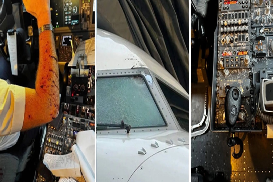 In these pictures shared by a United employee, it is clear something impacted the corner of the windshield of the plane. The resulting impact forced some shattering of the laminated cockpit glass which pierced the skin of a pilot while littering the center console with debris.