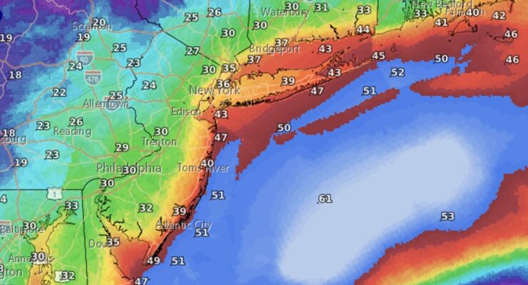 Dodging a bullet: it looks like the damaging 50 kts+ winds will remain just off-shore. However, strong winds which can still take down trees, branches, and power lines will still be an issue as far inland as the II-95 corridor. Image: NWS