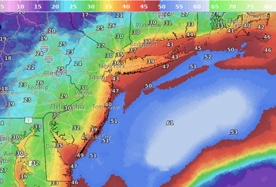 Dodging a bullet: it looks like the damaging 50 kts+ winds will remain just off-shore. However, strong winds which can still take down trees, branches, and power lines will still be an issue as far inland as the II-95 corridor. Image: NWS