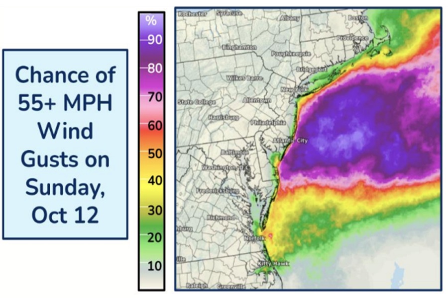 The worst of the winds will remain off-shore, but there's a risk of destructive wind gusts around Cape May County, New Jersey.  Image: NWS