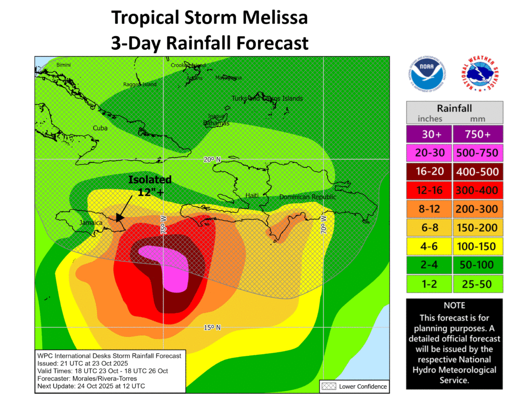 More than a foot of rain is forecast to fall on portions of Jamaica and Haiti as Melissa slowly drifts and intensifies over the Caribbean Sea. Image: NHC