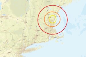 The earthquake struck at the orange dot inside the colored, concentric circles. Image: USGS