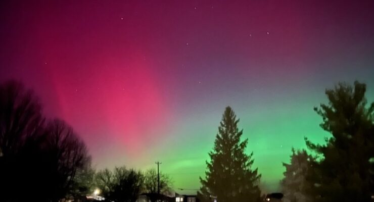 Stunning green, purple, and pink hues filled the night sky the last two nights across large parts of North America, such as this view in Des Moines, Iowa. With the geomagnetic storm wrapping up, the aurora is fading away and returning to northern latitudes now that the atmosphere isn't as "excited" as it was before. Image: NWS