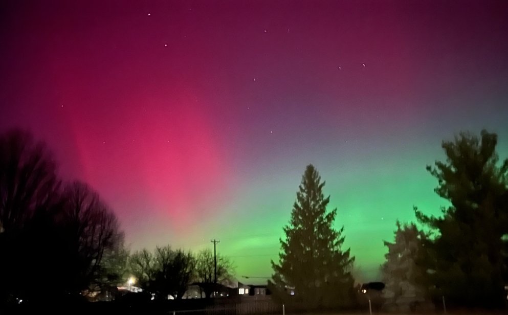 Stunning green, purple, and pink hues filled the night sky the last two nights across large parts of North America, such as this view in Des Moines, Iowa. With the geomagnetic storm wrapping up, the aurora is fading away and returning to northern latitudes now that the atmosphere isn't as "excited" as it was before. Image: NWS