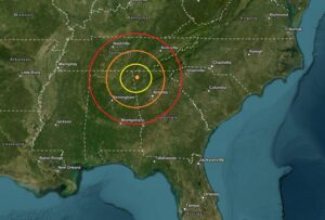 Today's earthquake struck at the orange dot inside the colored concentric circles on this map. Image: USGS