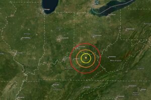 The epicenter of the earthquake was at the orange star inside the colored, concentric circles on this map. Image: USGS