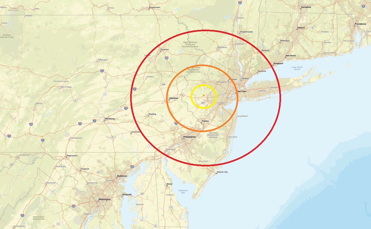 The epicenter of this earthquake is at the orange star inside the colored concentric circles. Image: USGS