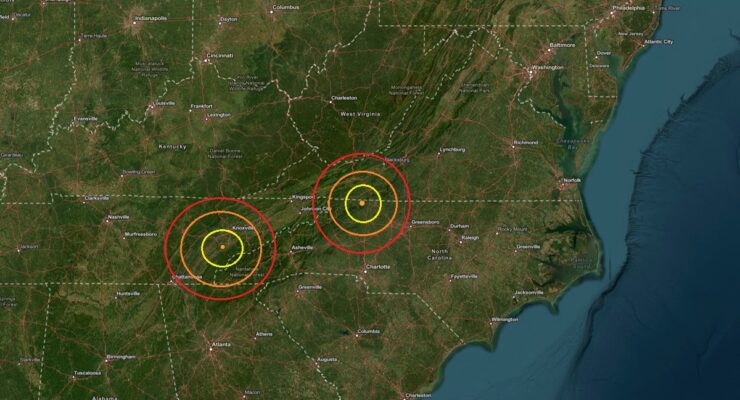 The epicenter of each earthquake was at the orange dot inside the colored concentric circles on the map. Image: USGS