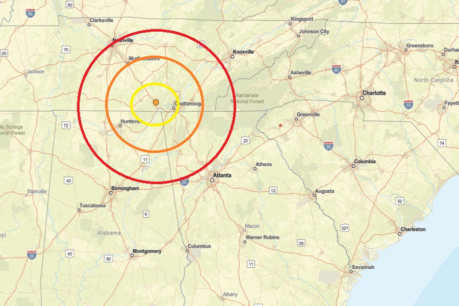 The epicenter of this earthquake is at the orange dot inside the colored, concentric circles on the map. Image: USGS