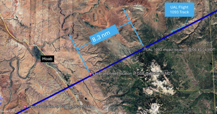 Map depicting the parth of United flight 1093 and the GSB weather balloon location. Image: NTSB