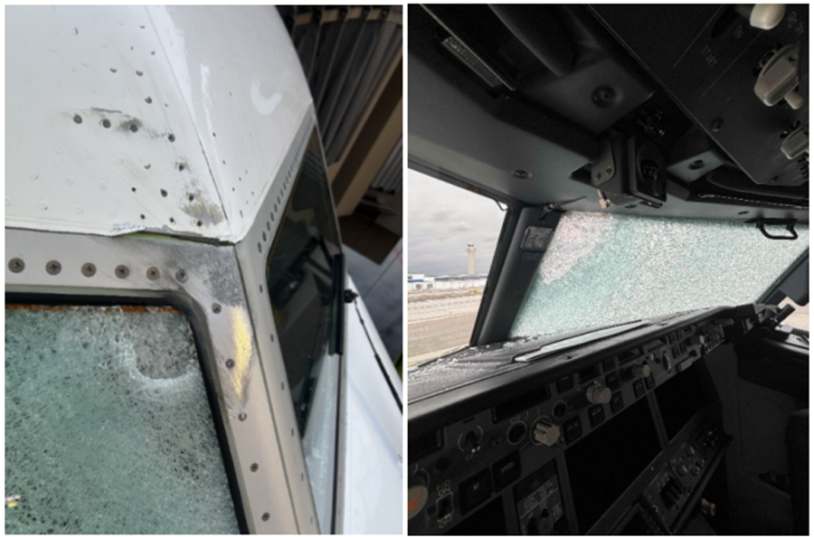 United Airlines took these photographs of the inside and outside of the impacted windshield.  Image: NTSB