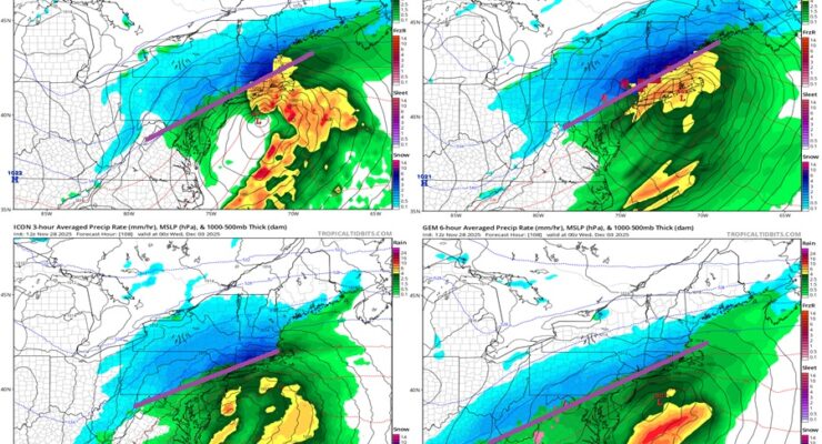 This model output reflects four different global models (from right to left, top to bottom: European ECMWF, American GFS, German ICON, and Canadian CMC) for the same time Tuesday evening, with the purple line added to reflect where a snow/rain line is likely to form with snow to the north and rain to the south. Image: tropicaltidbits.com