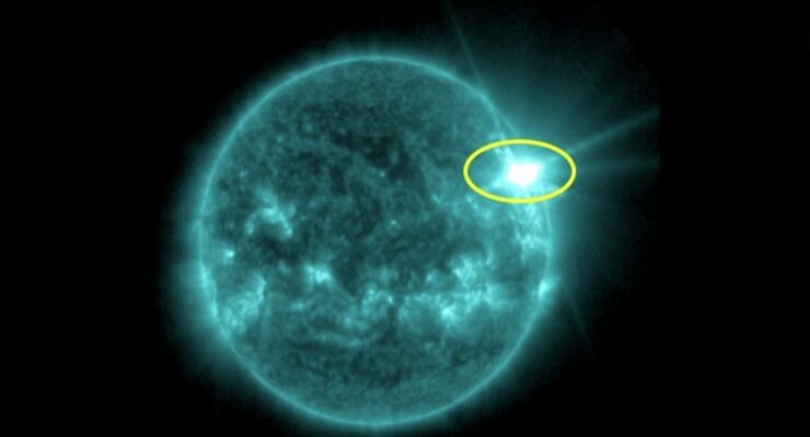 The circled area is a massive X 4.0 solar flare that exploded off the sun today; beyond immediate impacts to radio communications today, this blast may trigger another geomagnetic storm this weekend. Image: NOAA SWPC