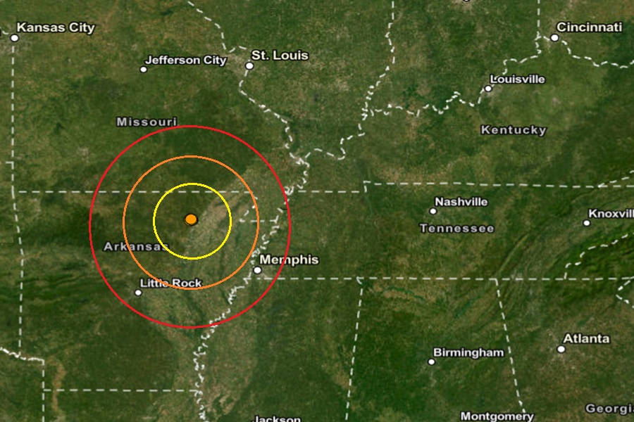 The earthquake epicenters were all at the orange dot inside the colored concentric circles on this map. Image: USGS