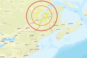 The earthquake epicenter was at the orange star inside the concentric colored circles on this map. Image: USGS