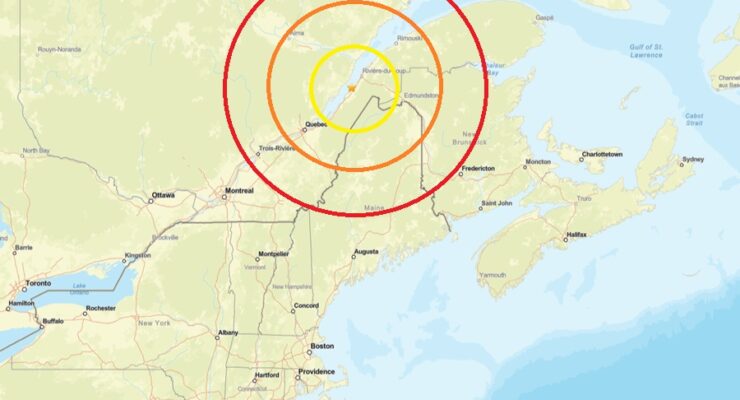 The earthquake epicenter was at the orange star inside the concentric colored circles on this map. Image: USGS