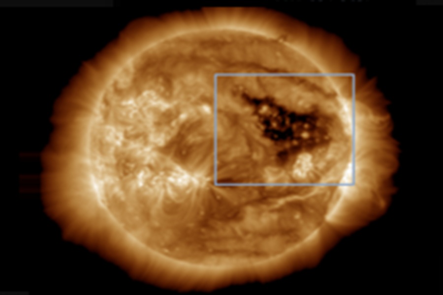 The Coronal Hole located inside the box on this image from the Sun is responsible for an anticipated coronal hole high speed stream (CH HSS) towards Earth. Image: NOAA SWPC