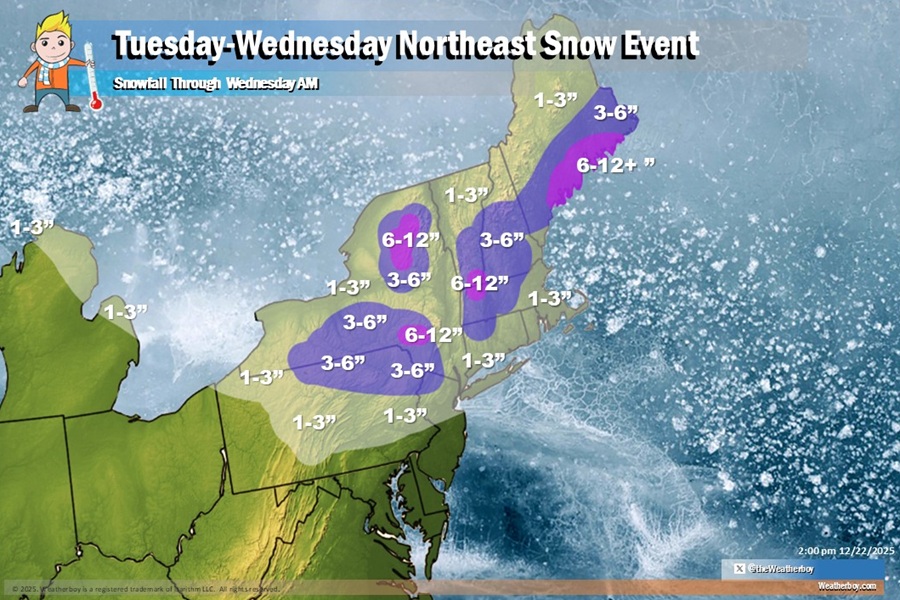 Latest snowfall forecast for the period extending from Monday night to Wednesday morning. Image: Weatherboy