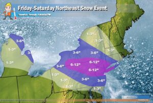 Updated snowfall forecast map for the Friday-Saturday snowstorm; most of the snow will fall on Friday. Image: Weatherboy