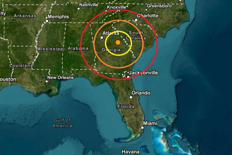 The earthquake's epicenter was at the orange dot inside the colored concentric circles on this map. Image: USGS