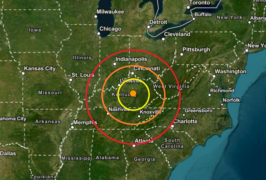 Today's earthquake struck at the orange dot inside the colored concentric circles on this map. Image: USGS