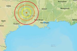 Today's earthquake struck at the orange dot inside the colored concentric circles on the map. Image: USGS