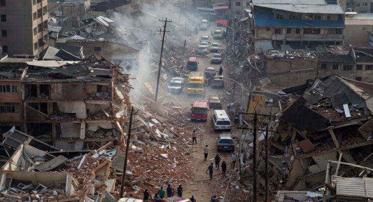 An earthquake even larger than today's could be extremely destructive, destroying modern buildings due to shaking ...while wiping out coastal communities from severe tsunami conditions. Image: AI/Grok