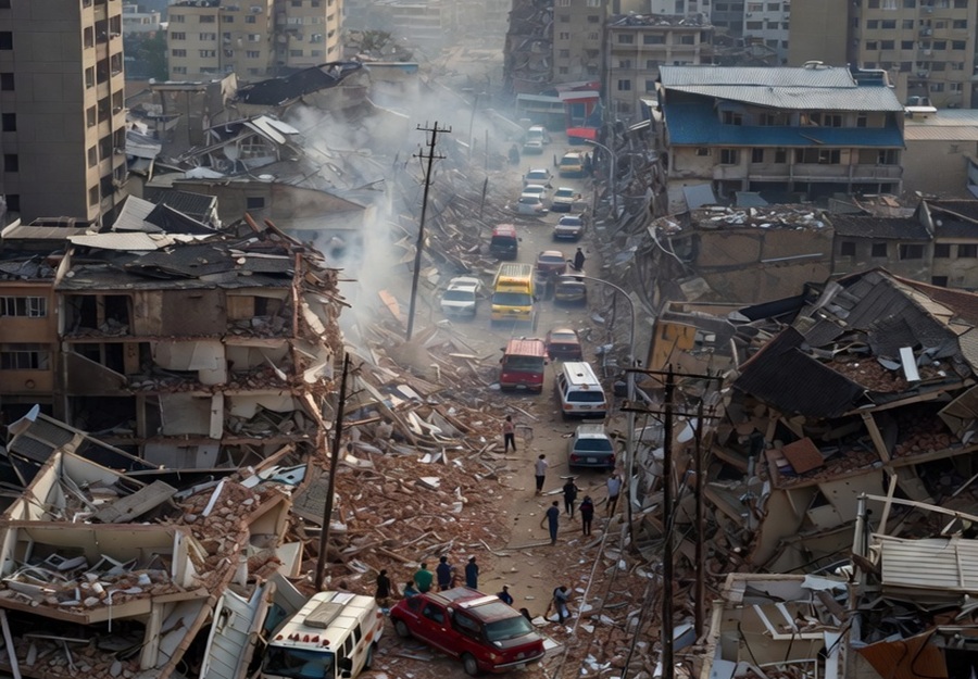 An earthquake even larger than today's could be extremely destructive, destroying modern buildings due to shaking ...while wiping out coastal communities from severe tsunami conditions. Image: AI/Grok