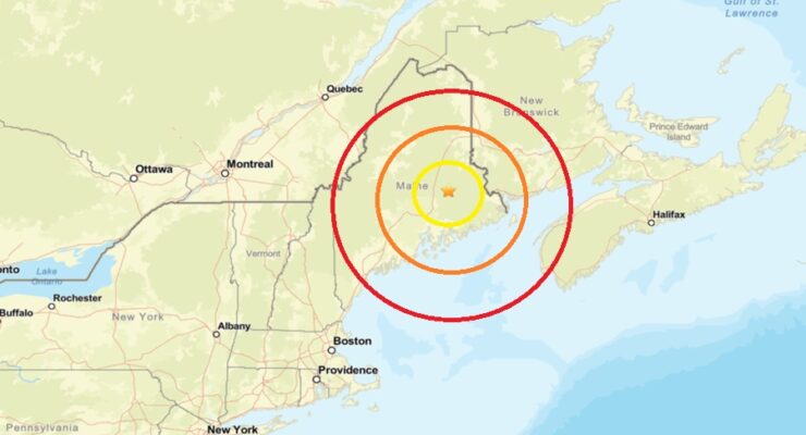 The earthquake struck at the star inside the colored concentric circles on this map. Image: USGS