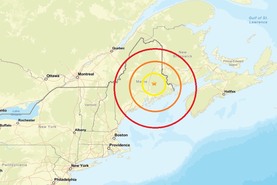 The earthquake struck at the star inside the colored concentric circles on this map. Image: USGS