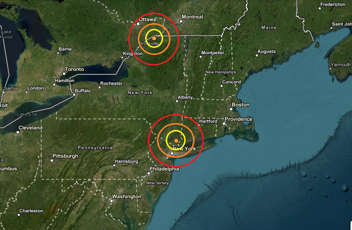 The epicenter of each earthquake is marked with an orange dot inside the colored, concentric circles.  Image: USGS