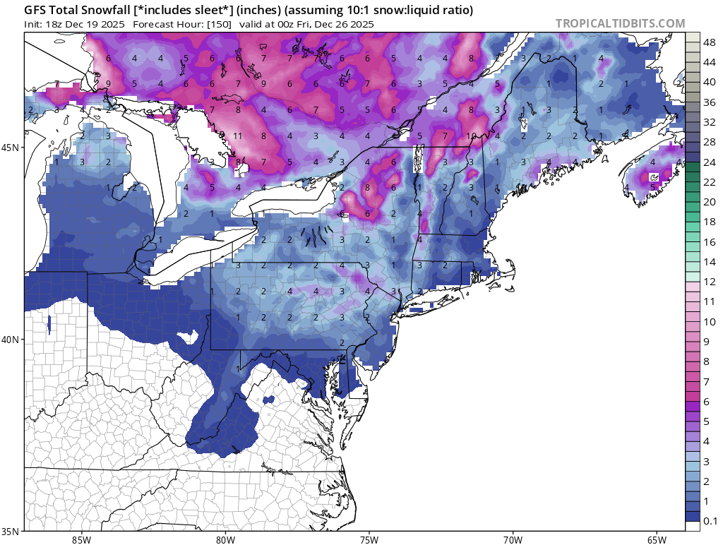 This shows expected snowfall between now and Christmas Day evening based on output from the American GFS computer forecast model. Image: tropicaltidbits.com