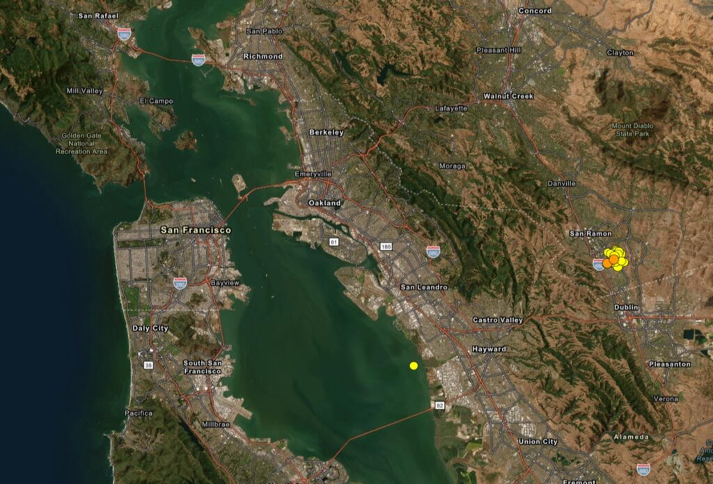 A swarm just east of San Francisco is one of two in the area getting attention from locals that think the "Big One" is coming soon. Image: USGS
