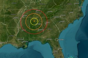 The two earthquakes struck at about the same place hours apart at the orange dot inside the colored concentric circles on this map. Image: USGS