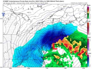 The latest model run from the ECMWF (European) computer forecast model run suggests blizzard conditions for Delaware, New Jersey, New York, Connecticut, Rhode Island, Massachusetts, and portions of Pennsylvania. Image: tropicaltidbits.com