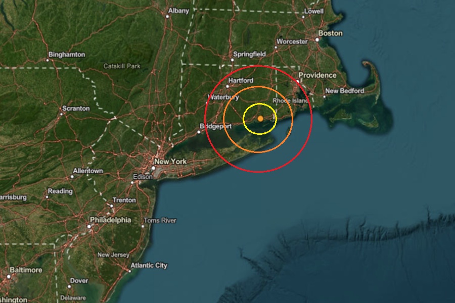 Today's earthquake struck at the orange dot inside the colored concentric circles on this map.  Image: USGS