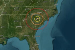 The epicenter of today's earthquake was at the orange dot inside the colored, concentric circles. Image: USGS