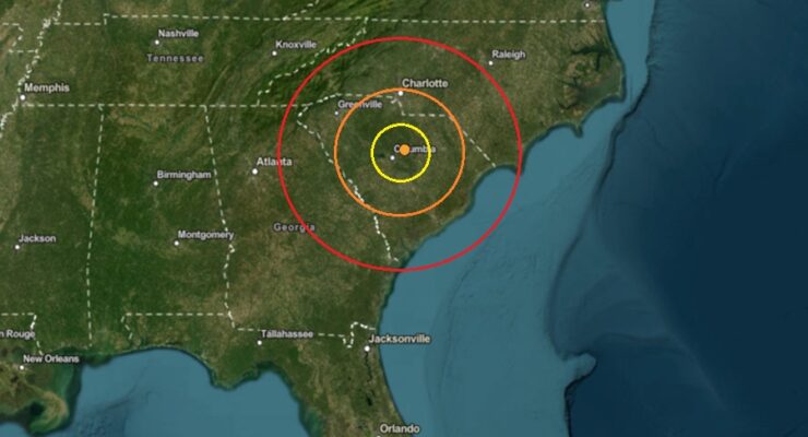 The epicenter of today's earthquake was at the orange dot inside the colored, concentric circles. Image: USGS