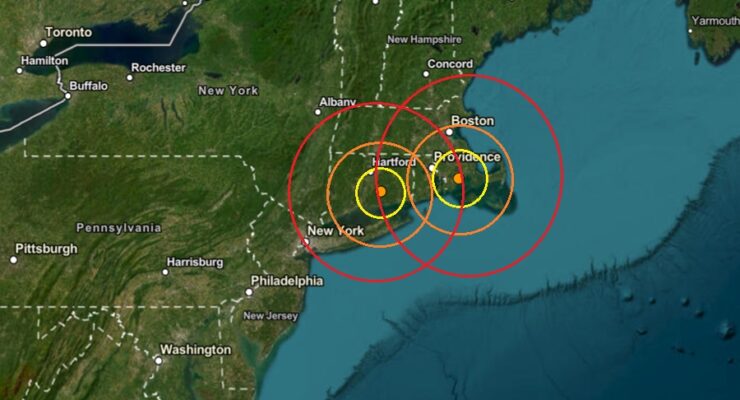 This map shows where the 2 earthquakes struck, with the epicenter for each at the orange dot inside the colored concentric circles around them. Image: USGS