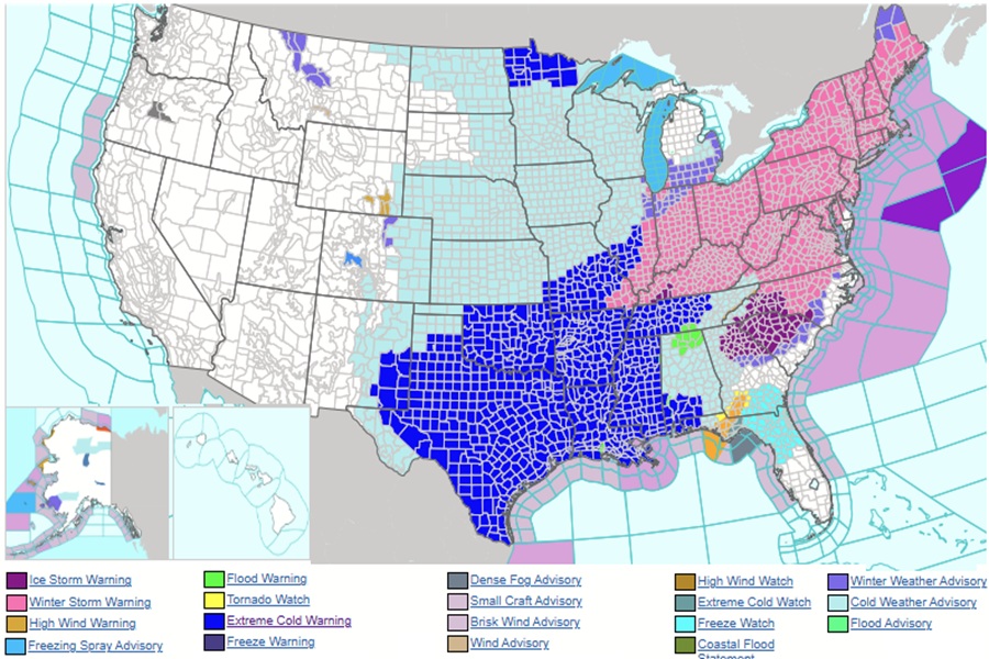 Extreme Cold Warnings (dark blue) are being issued in the wake of the big winter storm. Image: NWS