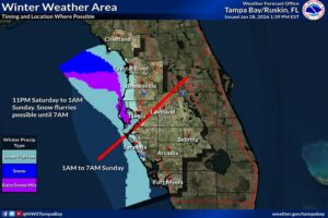 Parts of the Florida Gulf Coast could see snowflakes fly on Saturday. Image: NWS