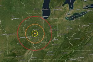 The earthquake epicenter was at the orange dot inside the colored concentric circles on the map. Image: USGS