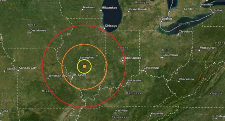 The earthquake epicenter was at the orange dot inside the colored concentric circles on the map. Image: USGS