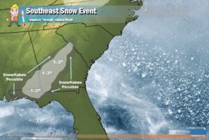 Accumulating snow is expected over portions of Florida, Alabama, and Georgia on Sunday. Image: Weatherboy